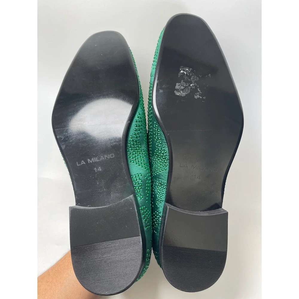 La Milano Mens Emerald Green Satin Rhinestone Studded Loafers Slip On Shoes 14